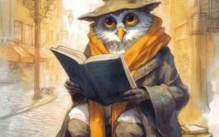 Seikkailija-pöllö lukee kirjaa