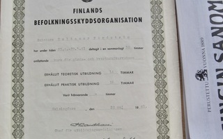VANHA Todistus Väestönsuojelujärjestö 1941 Ruotsinkielinen