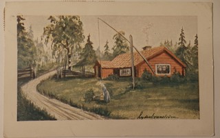 Vinttikaivolla, vanha postikortti, piirt. Lydia Svanström