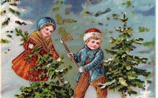 Vanha joulukortti- lapset joulukuusen haussa