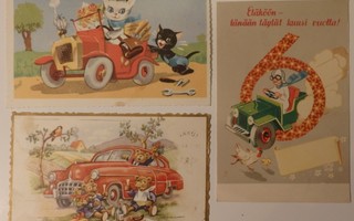 3 kpl Piirrettyjä autoaiheisia postikortteja
