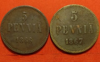 5 penniä 1866 ja 1867, heikko kunto, maalöytö ?. (KD31)