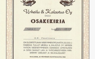 1962 Urheilu ja Kalastus Oy, Oulu osakekirja