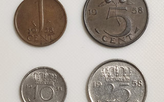 Alankomaat 1, 5, 10, 25 Cent 1958