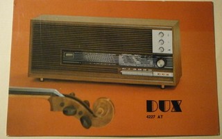 DUX-radion mainoskortti. tekniset tiedot kääntöp.