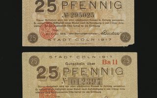 Saksa Notgeld 2 x 25 Pfennig, Köln 1.6.1918 VG-VF