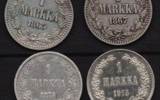 1865 kl6, 1867 kl3/2, 1874 kl8 ja 1915 kl9 1 markka hopeaa.