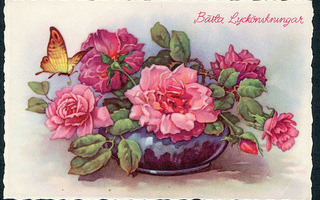Ruusut maljassa ja perhonen - Artko 374/5 - kulkenut 1959