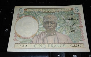 Afrikka Africa 5 Francs 1942 sn532