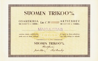 OKK 1951 Suomen Trikoo Oy, Tampere osakekirja pörssi spec