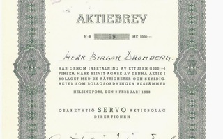 1938 Servo Oy, Helsinki osakekirja