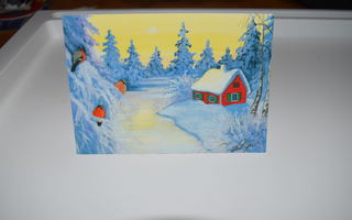 postikortti (A) talvimaisema mökki punarinta