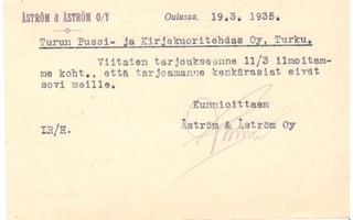Oulu,  v. 1935  firmakortti kotiseutukeräilijälle