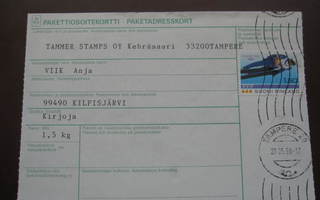Pakettiosoitekortti Nykäsen merkillä 1988 Tampereelta
