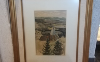 Antti Faven akvarellimaalaus "Kangasalan kirkko"