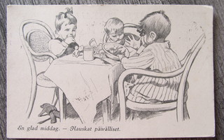 "Hauskat päivälliset"...piirroskortti lasten ruokailusta.