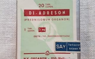 Vanha lääkerasia pahvia DI Adreson (Prednisonum organon) 5mg