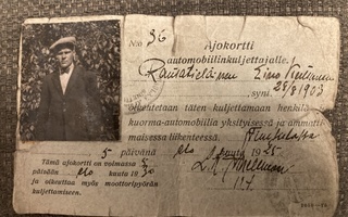 Vanha Ajokortti vuodelta 1925 n:o 36