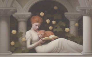 Nainen lukee kirjaa, kissa kiilaa syliin
