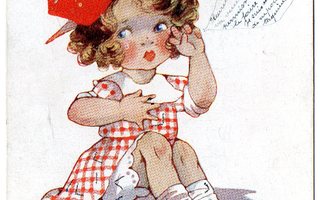 Vanha postikortti- tyttö ruutumekossaan 1917