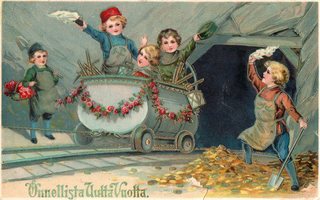 Vanha postikortti- lapset ja kultakaivos