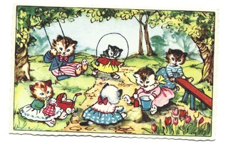 Vanha kortti: Kissalapset leikkipuistossa