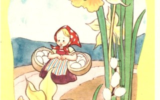 Vanha kortti: Narsissit, nainen ja munakorit, -54