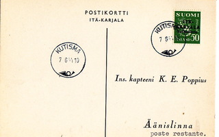 Postikortti Itä-Karjala Sot.Hallinto Kutisma Leima 1944