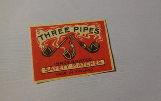 TT-etiketti Three Pipes safety matches, made in Finland