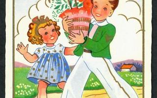 Lapsi - Tyttö, poika kukkakimppu - Kortti 1940-50-luvulta