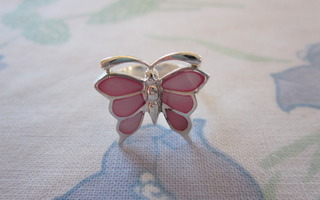 Hopeinen sormus perhonen, vaaleanpunainen emali, koko 17