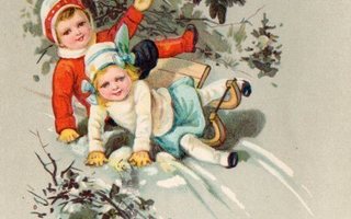 Vanha joulukortti-lapset kelkkamäessä