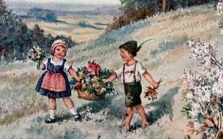 LAPSET / Tyttö ja poika kantavat kukkakoria. 1920-l.