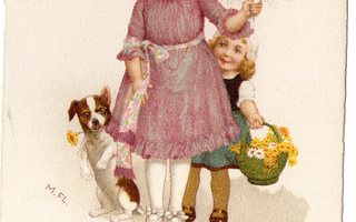 Vanha postikortti- lapset ja koira onnittelevat
