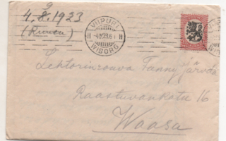 VIIPURI  Kirjekuori kirjeineen  1923,  postikuluineen