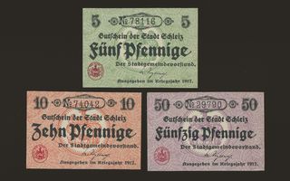 Saksa Notgeld 5, 10, 50 Pfennig, Schleiz 1917