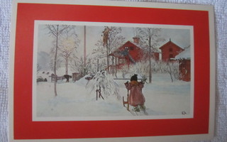 Joulukortti Carl Larsson / Tyttö ja kelkka talvimaisemassa