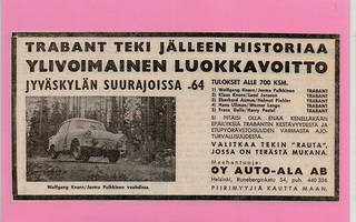 Trabant Jyväskylän Suurajoissa 1964 - lehtimainos A5