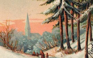 Vanha joulukortti- Maisema ja matkaajat, kohokuva