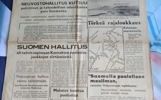 Talvisodan 1.päivä Uusi Suomi 30.11.1939 Harvinainen