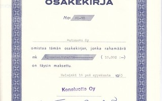 OKK 1963 Koneluotto Oy, Helsinki osakekirja (Hankkija)