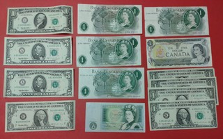 USA ja Kanada Dollareita, Englanti Puntia.  (KD18)