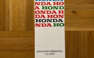 Hinnasto Honda 1992. Civic, Accord, Prelude, NSX, Legend