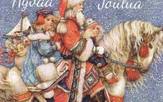 Joulupukki ja lapset hevosen selässä