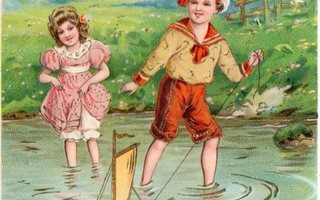 Vanha postikortti- lapset uittavat leikkivenettä