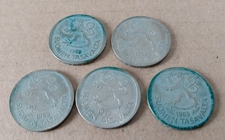 1 mk 1 markka 1969 5 kpl