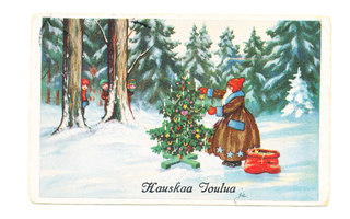 Kuusenkoristelua metsässä - vanha joulukortti