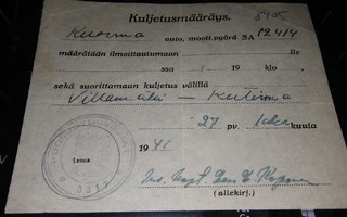 Kuljetusmääräys Villamäki-Kutisma 1941 PK900/18