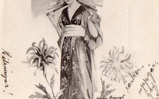 Vanha postikortti- kimonoon pukeutunut nainen