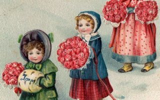 Vanha joulukortti-lapsia kukkineen talvimaisemassa, koho